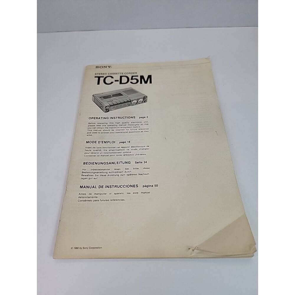 Sony TC-D5M Stereo  Cassette-corder,Owners Manual-Original